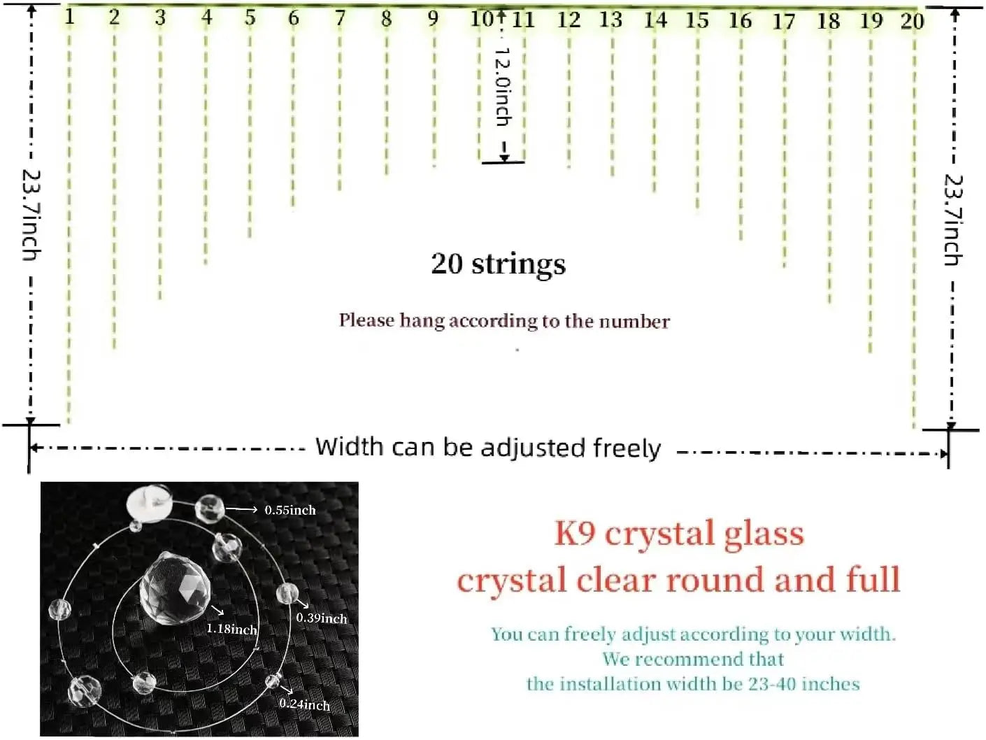 20 Strings Crystal Beaded Curtain, Arched Doorway Room Divider, Hanging Door Curtain for Home, Coffee House, Bedroom