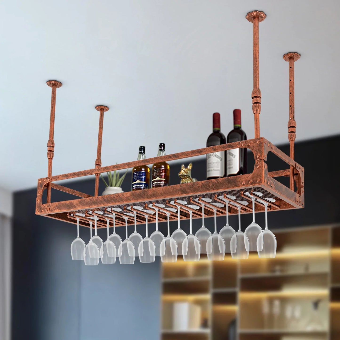 Industrial Vintage Bar Floating Shelf，Ceiling Mount Iron Wine Rack，Glass Hanging Holder Stemware Storage Organizer