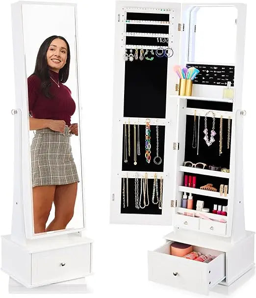 360 Swivel Mirrored Jewelry Cabinet, Standing Armoire, Makeup Storage Organizer, w/LED-lit Mirror, 3 Shelve