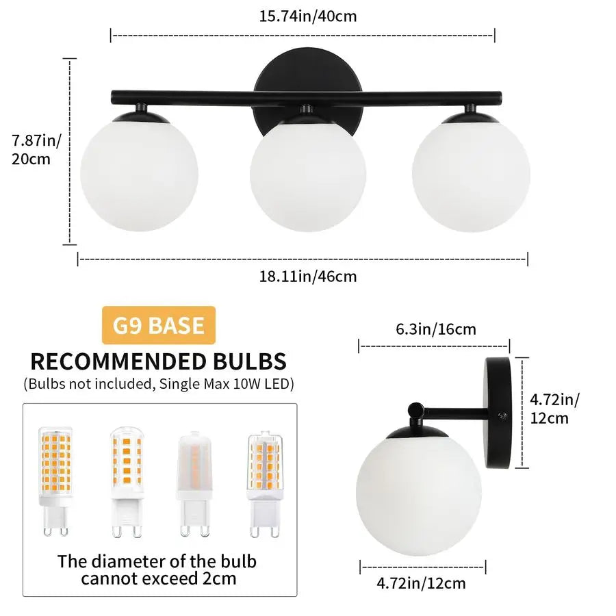 Globe Bathroom Light Fixtures 3Light Vanity Light with Plastic Milk White Globe Shades 11.81 inch Wall Sconce Lighting Over Mirr