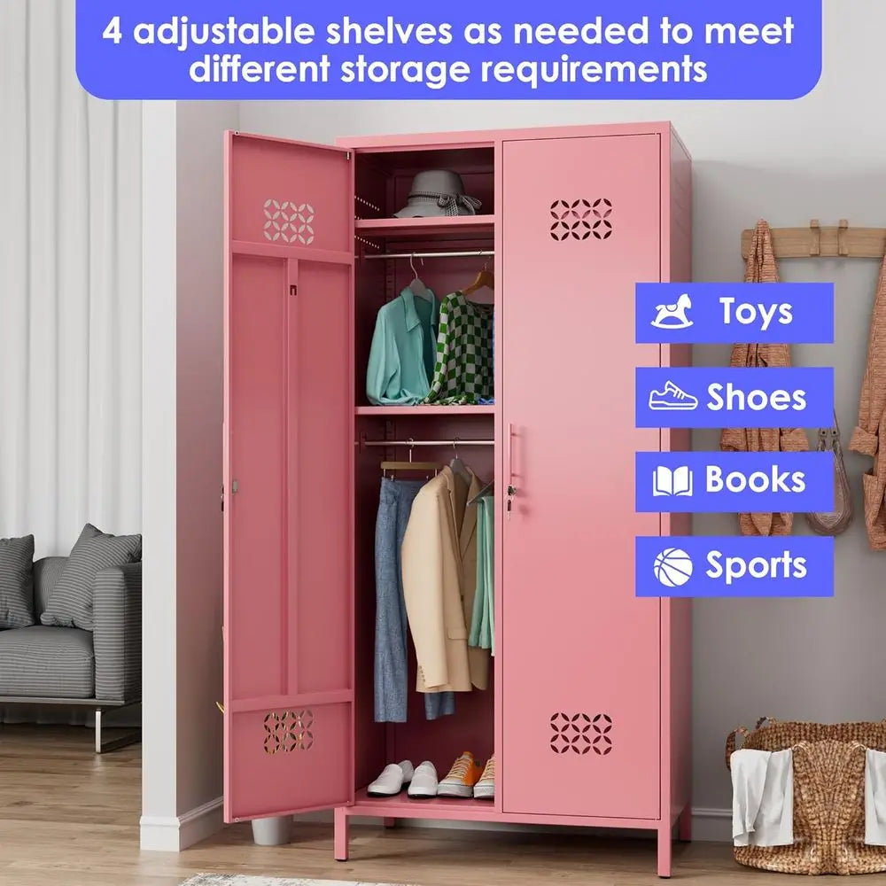 19 Deep Metal Wardrobe with 4 Shelves and 2 Hanging Bars, Pink, Assembly Required