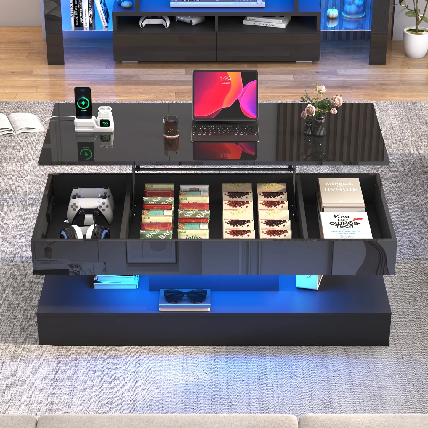 LED Coffee Table With Open Display Shelf And Storage