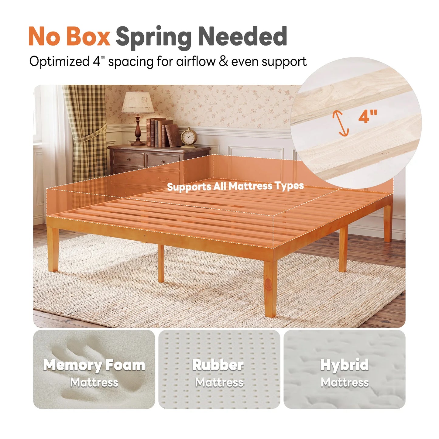 MCQ 16 Inch Thick Solid Wood Bed Frame 700 lbs Capacity Platform Bedframe with Wooden Slats Support Noise-Free No Box Spring Needed Easy Assembly