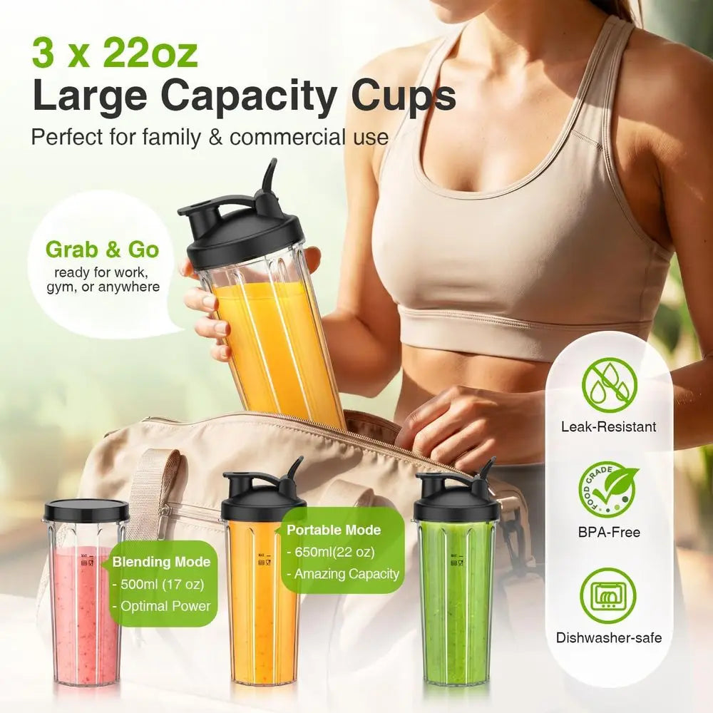 Blender with 3 x 22oz To-go Cups, 22000 RPM Detachable Blade Countertop Blenders or Kitchen. Ideal for Food, Protein Shakes, Ice