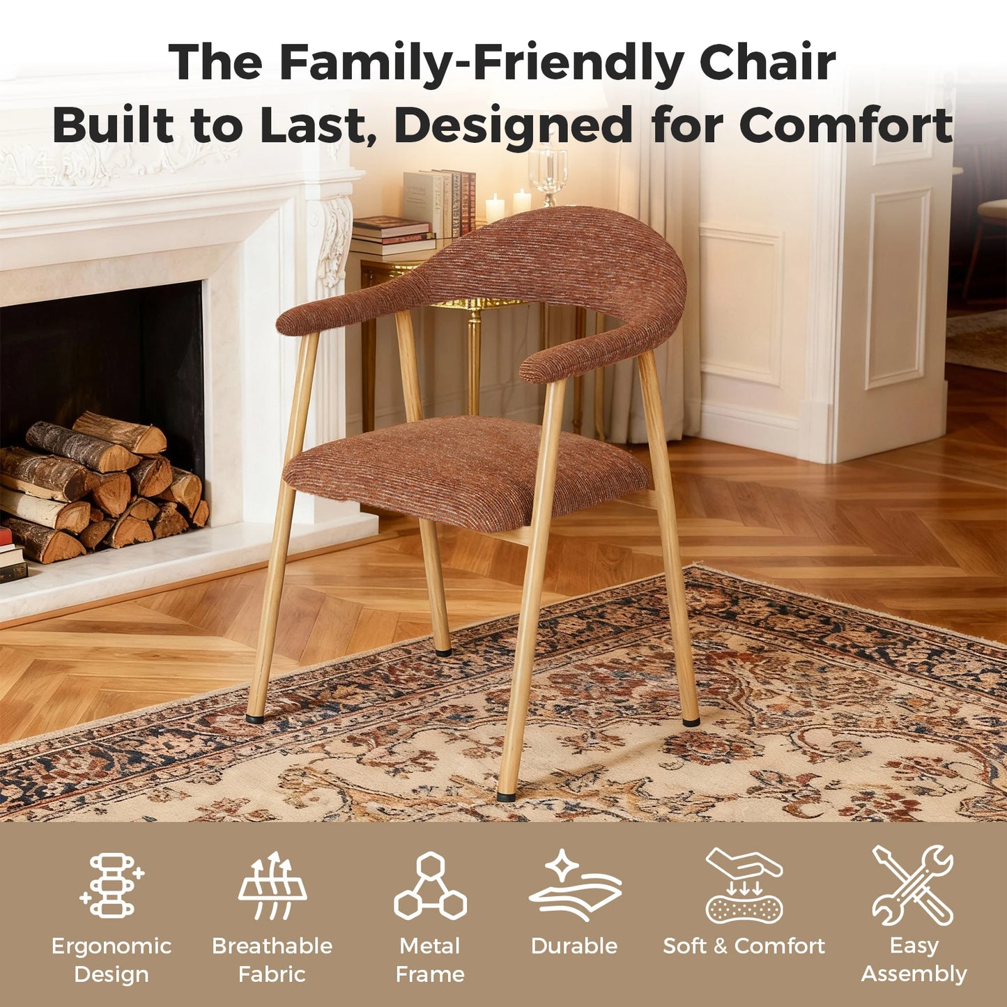 MCQ Ergonomic Backrest Office Chair Set of 2 Modern Linen Fabric Upholstered Side Chairs with Curved Backrest Metal Frame Chairs