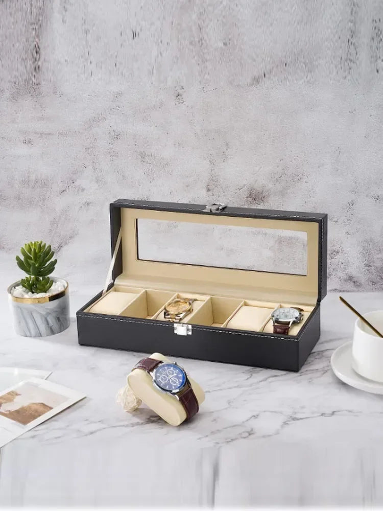 Hot Sale PU Leather Display Storage Collection Organizer Watch Box Case With Glass Top Slot Men Watch Bracket Display Box Gifts