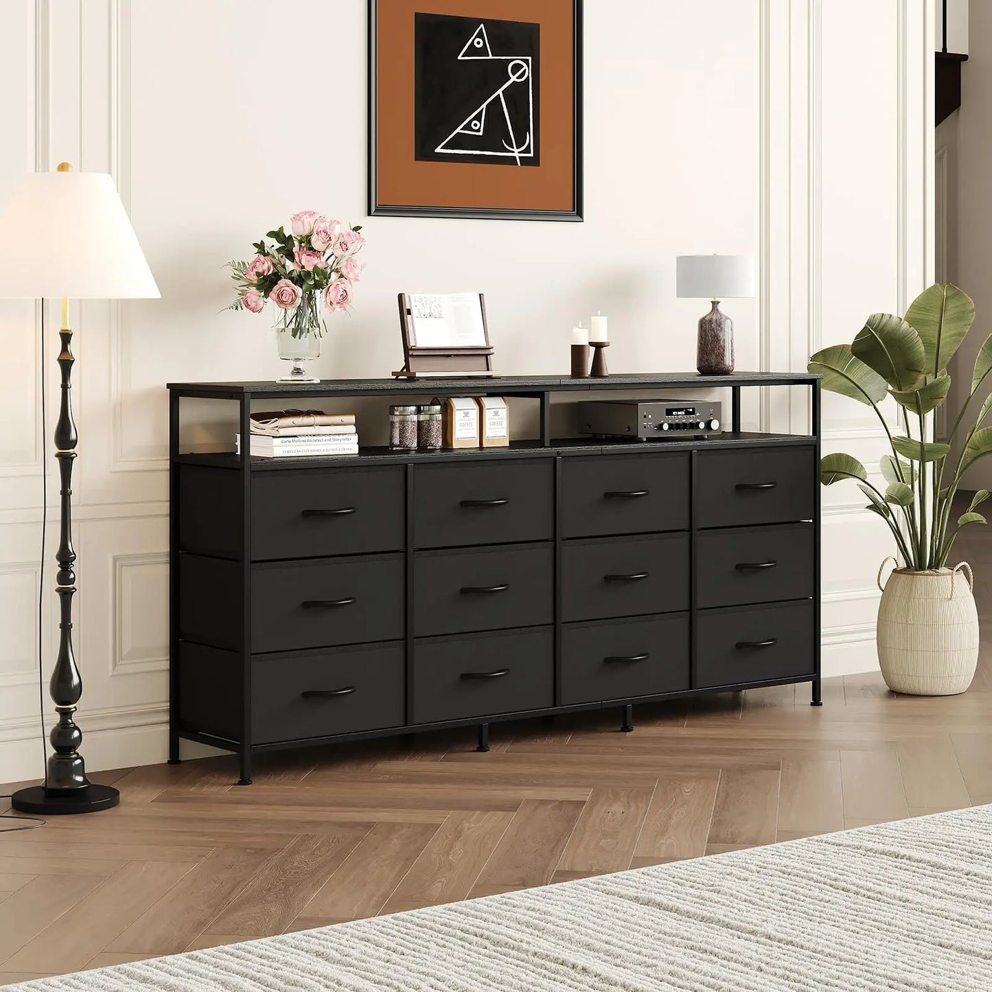 63 Inch Long Dresser For Bedroom With 12 Drawers And 2 Open Cubbies MDF Top And Steel Frame Sturdy Large Chest Of Drawers Also Functions As TV Stand For 65 To 75 Inch TV