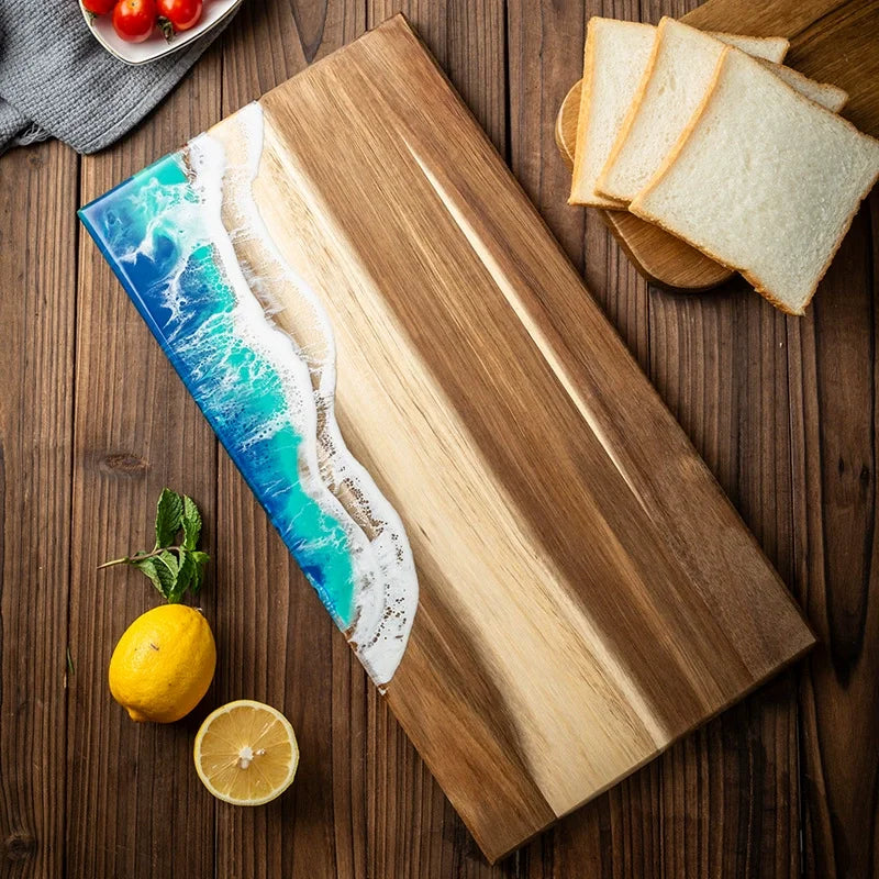 Acacia Wood Cutting Board with Epoxy Resin Crafted Ocean Waves Decor Kitchen Meal Prep & Charcuterie Cheese Board Challah Board