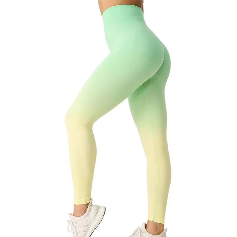 High Waist Color Gradient Yoga Pants Women Seamless Knit Gym Leggings Quick Dry Breathable Workout Tights Scrunch Butt Lift Peach Hip Long Fitness Pants for Cycling Training Activewear