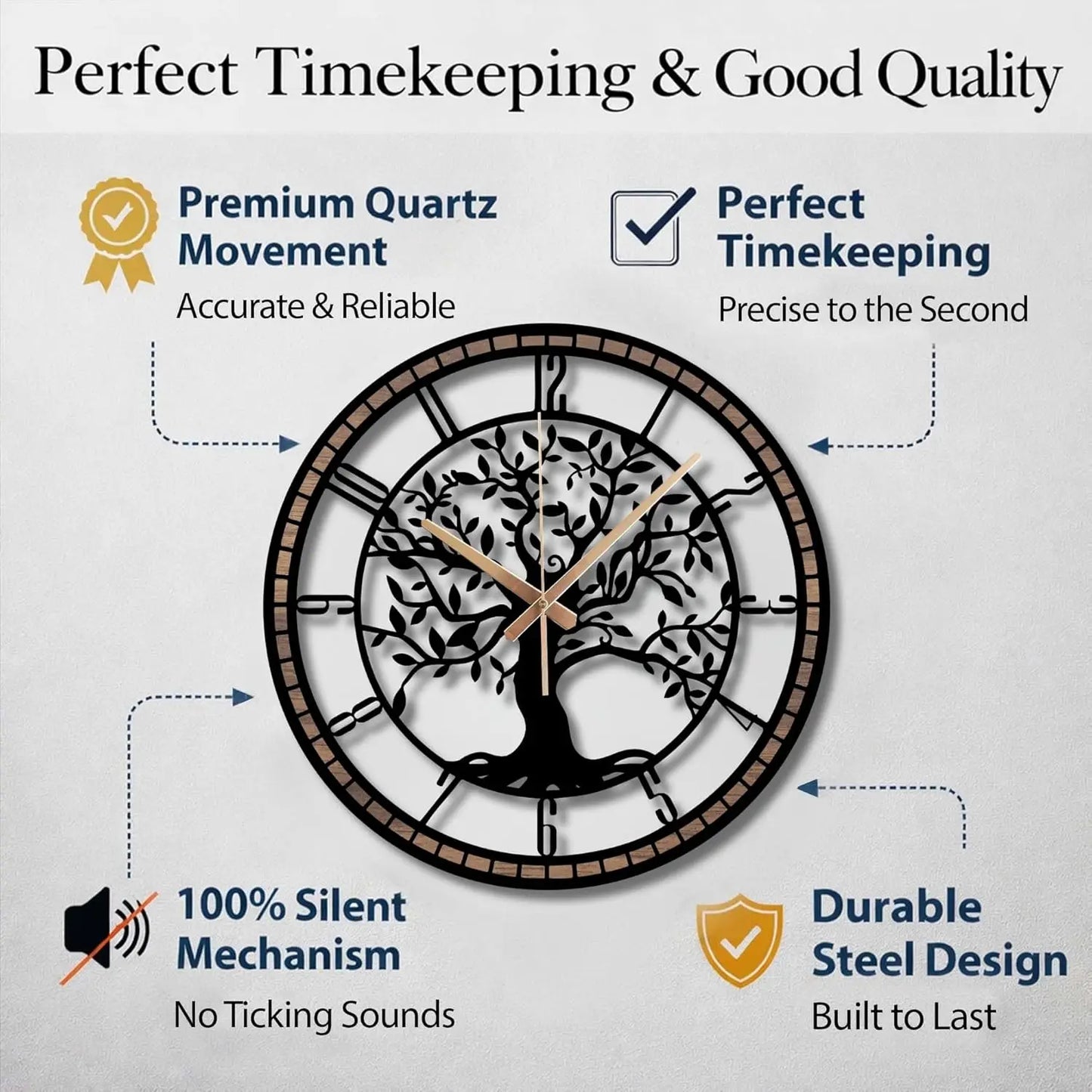 Tree of Life Wall Clock, Metal with Wood Clocks, Large Wall Clock for Living Room, Office, Bedroom, Home, Mid Century Silent Non