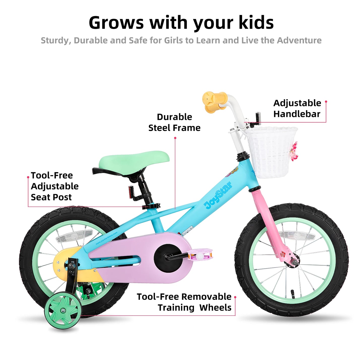 JoyStar Macaroon Kids Bike With Training Wheels And Front Basket