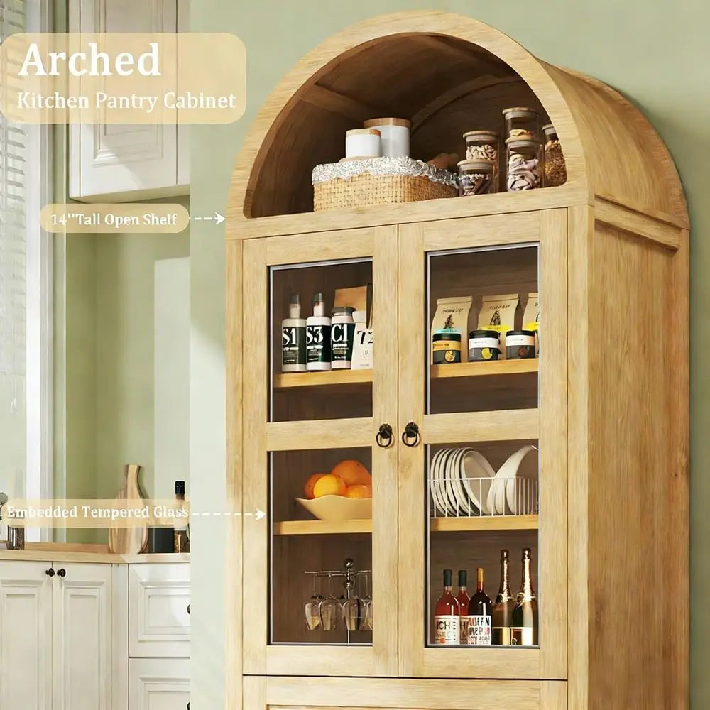 71 Tall Arched Pantry Cabinet with Glass Door, 2 Drawers, and Adjustable Shelves for Kitchen, Dining, Living Rooms
