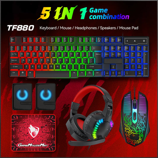 5-in-1 Set Gaming Combo Keyboard 4-color Breathing Light Mouse 3.5mm Gaming Headset Gaming Speaker Anti-slip Mouse Pad NEW HOT