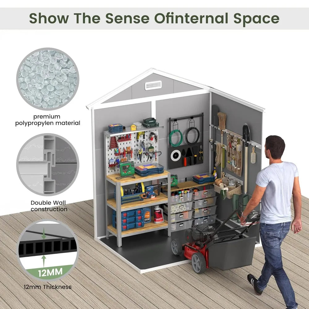 Outdoor Storage Shed with Floor, 6x4.5 FT Lockable Plastic Tool Shed with Ventilation, Waterproof Resin Garden Sheds, Custom