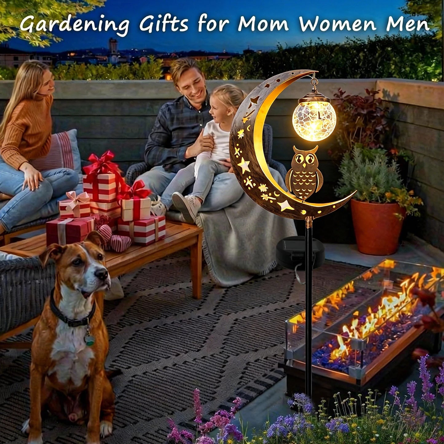 Solar Moon Ground Light With Decorative Owl And Glass