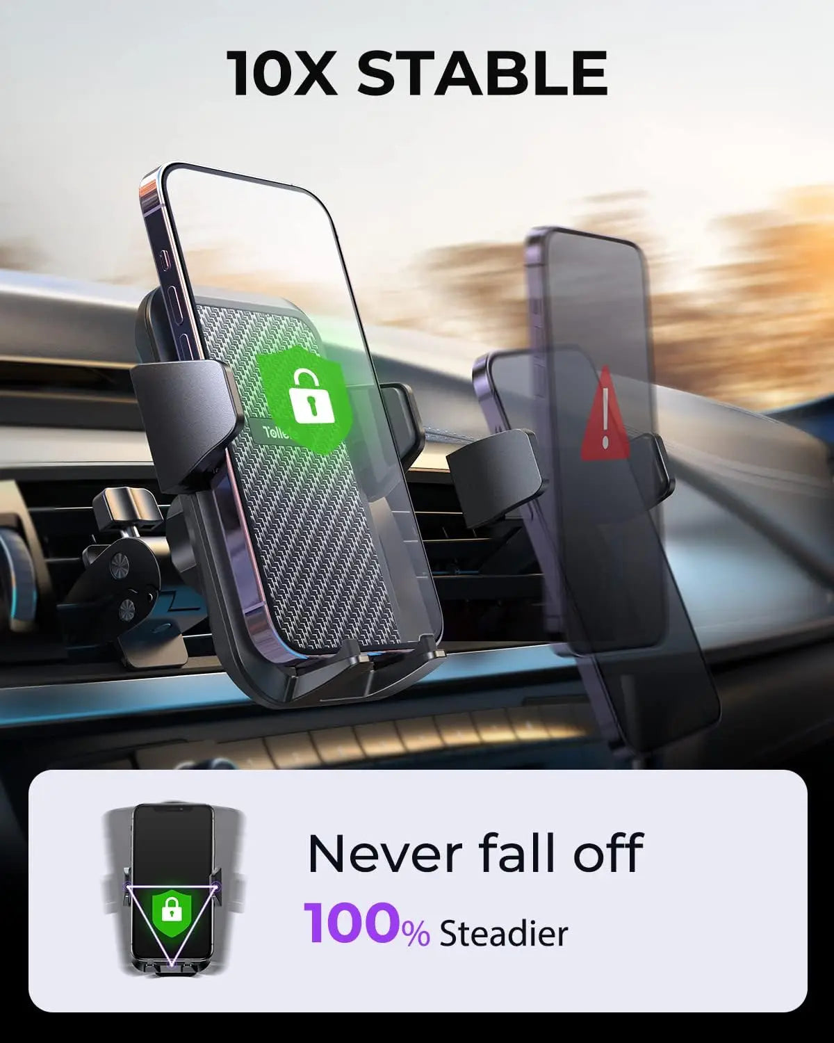 Car Phone Holder, Hands-Free Mount with Thick Case Friendly for iPhone Samsung Smartphone, 360° Rotation