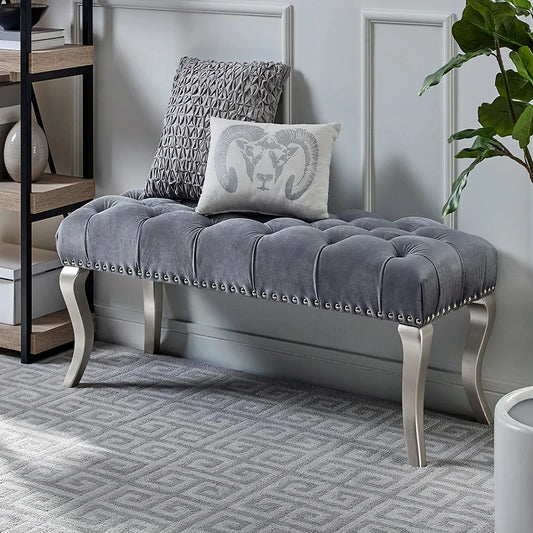 RV Decor Maxem Tufted Fabric Upholstered Bench Nailhead Trim , Gray On-Site