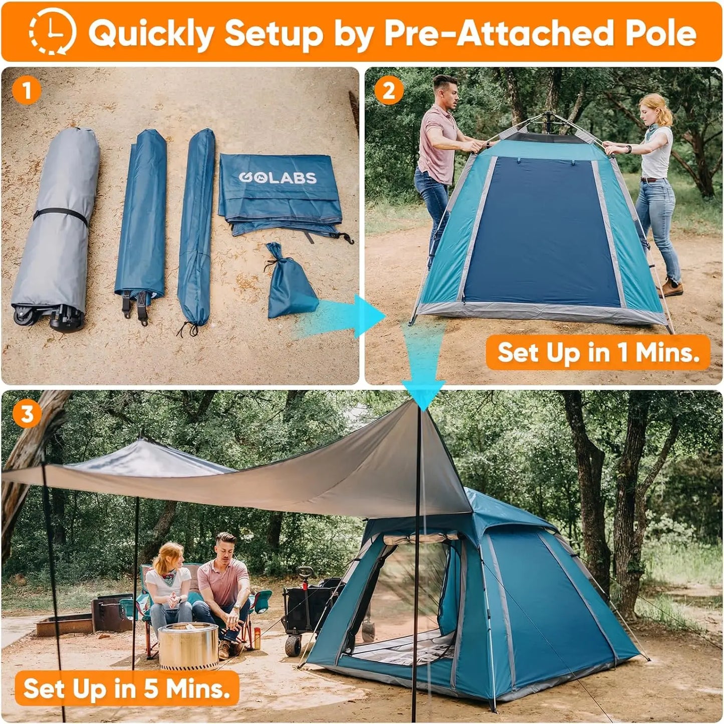 Pop Up Camping Tent for 2/3/4 Person, 1-Min Setup by Pre-Attached Pole, 4 Side Mesh& Door for View/Airflow, CT2 Instant Canopy Tent with PU1500mm Waterproof, for Outdoor/Camping/Music Festivals
