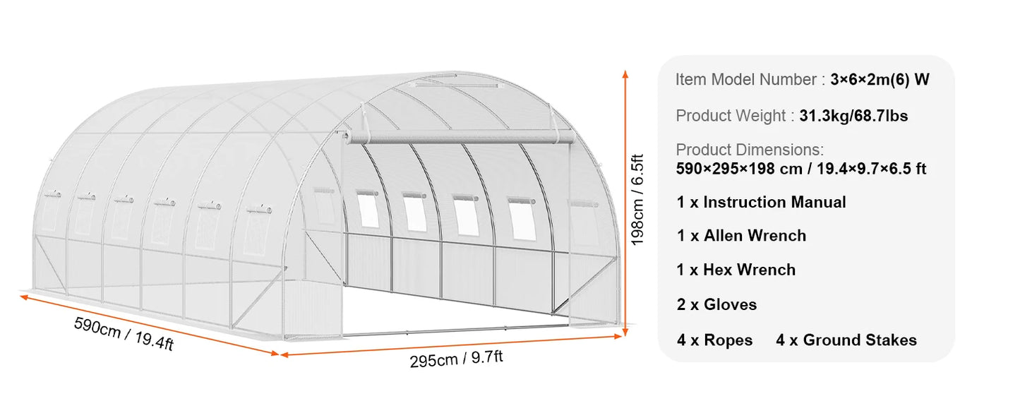 SucceBuy Walk-in Tunnel Greenhouse Hoop House Greenhouse Tunnel Plant Hot House with Steel Frame PE Cover Roll-up Zipper Door