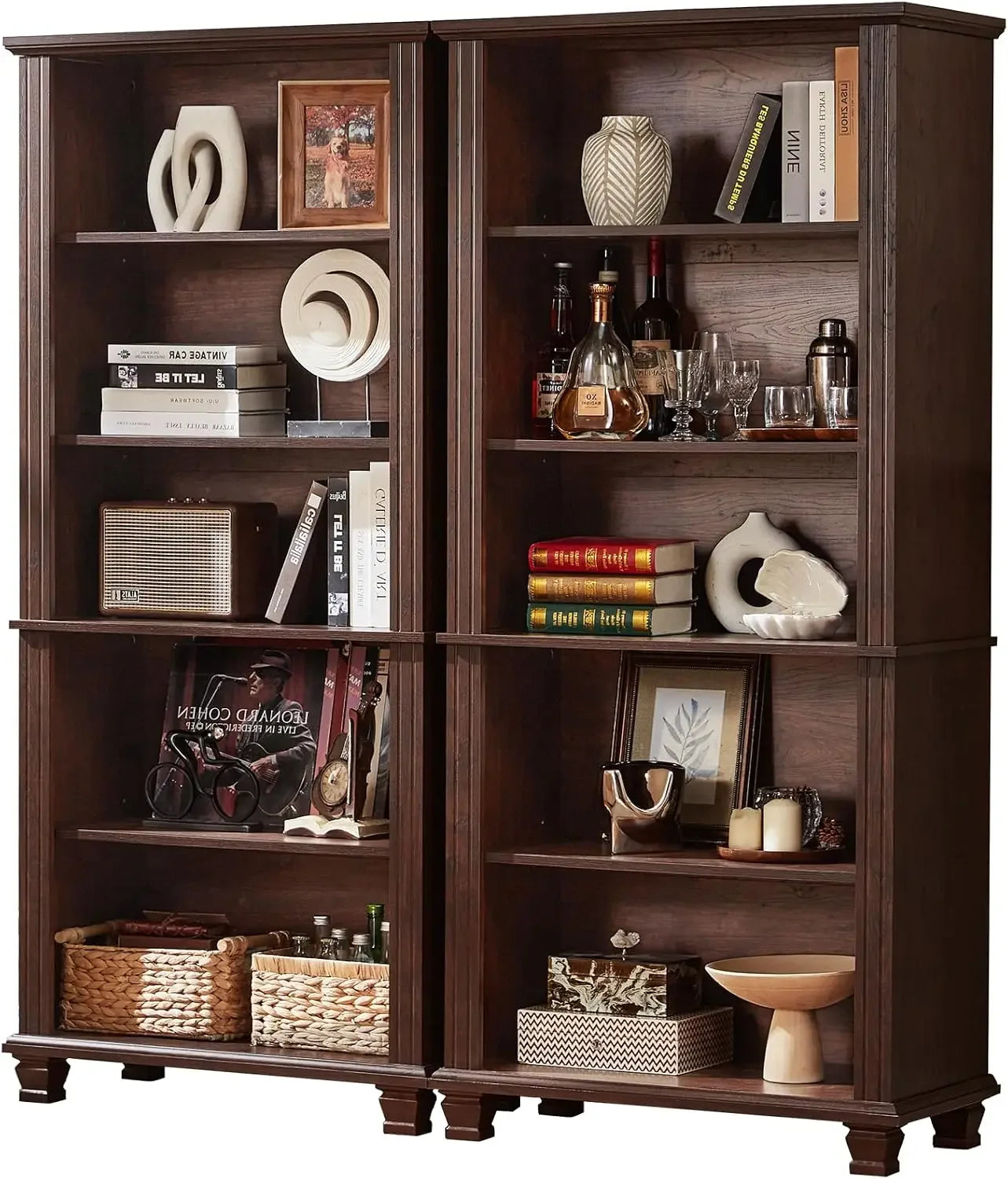 SAVOR LIFE 70" Tall Walnut Bookshelf,5 Tier Wooden Book Shelf with Adjustable Shelves & Wood Legs,Free Standing Farmhouse