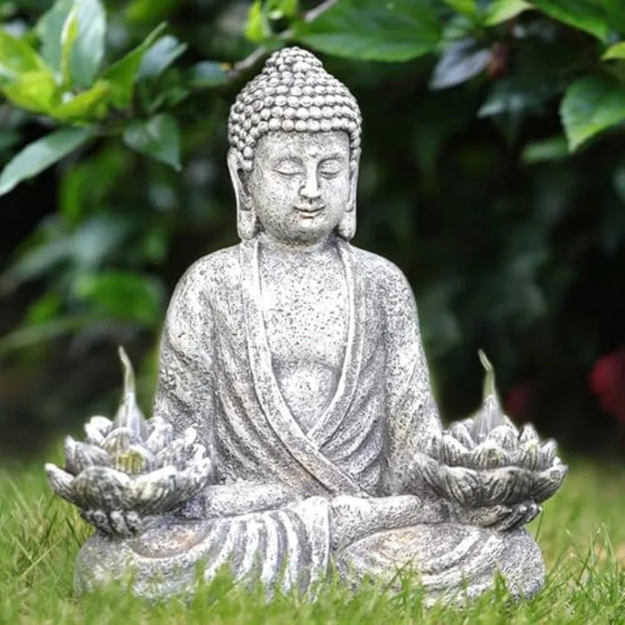 Buddha Statue Zen Sculpture 11.4in Yoga Garden Decor with LED Solar Lotus Lights, Sitting Meditating Buddha Serene Resin Figuri