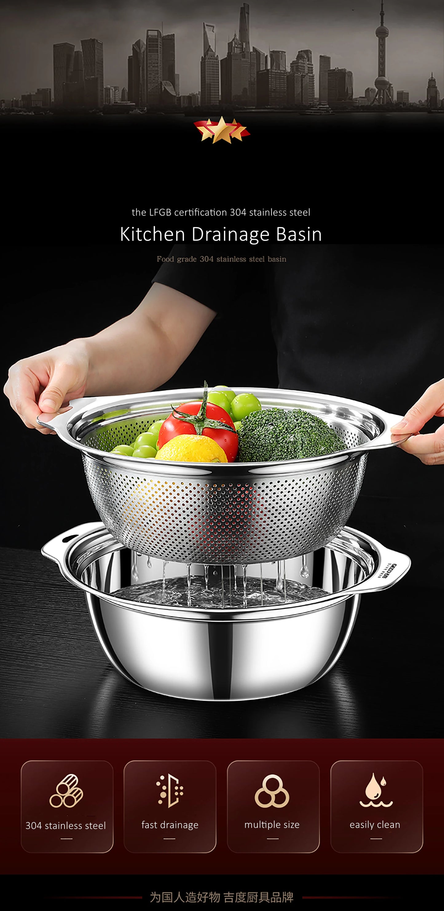 LFGB Certification 304 Stainless Steel Kitchen Washing Drainage Basin 23cm~31cm Diameter Colander with Dense Small Holes