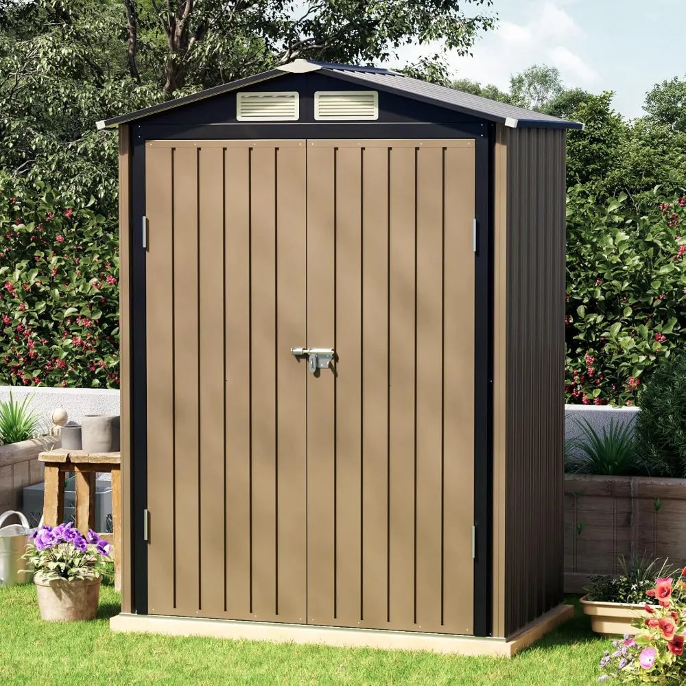 5x3 FT Outdoor Metal Storage Shed, Double Door, 1 Clear Window, Tool Shed for Garden, Patio, Backyard Brown, Customized