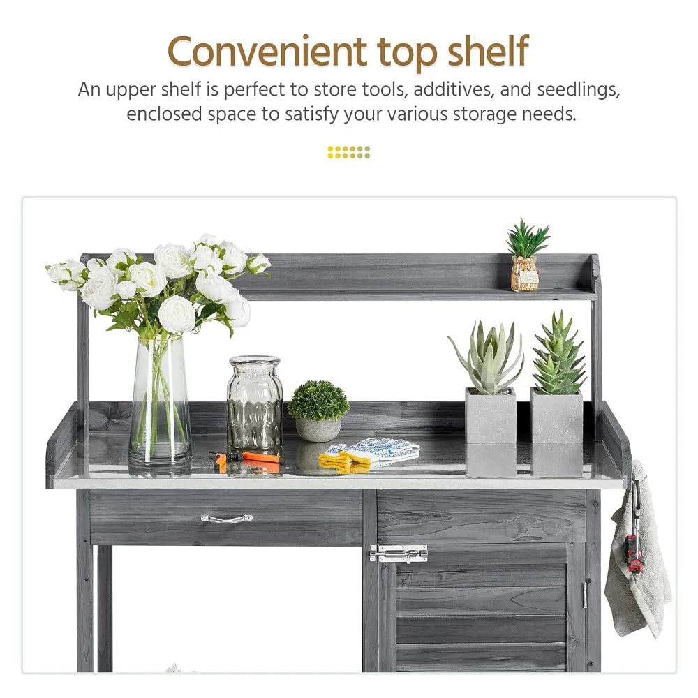 Outdoor Garden Workbench, Garden Worktable with Metal Tabletop, Cabinet Drawers, Open Countertop, Customizable