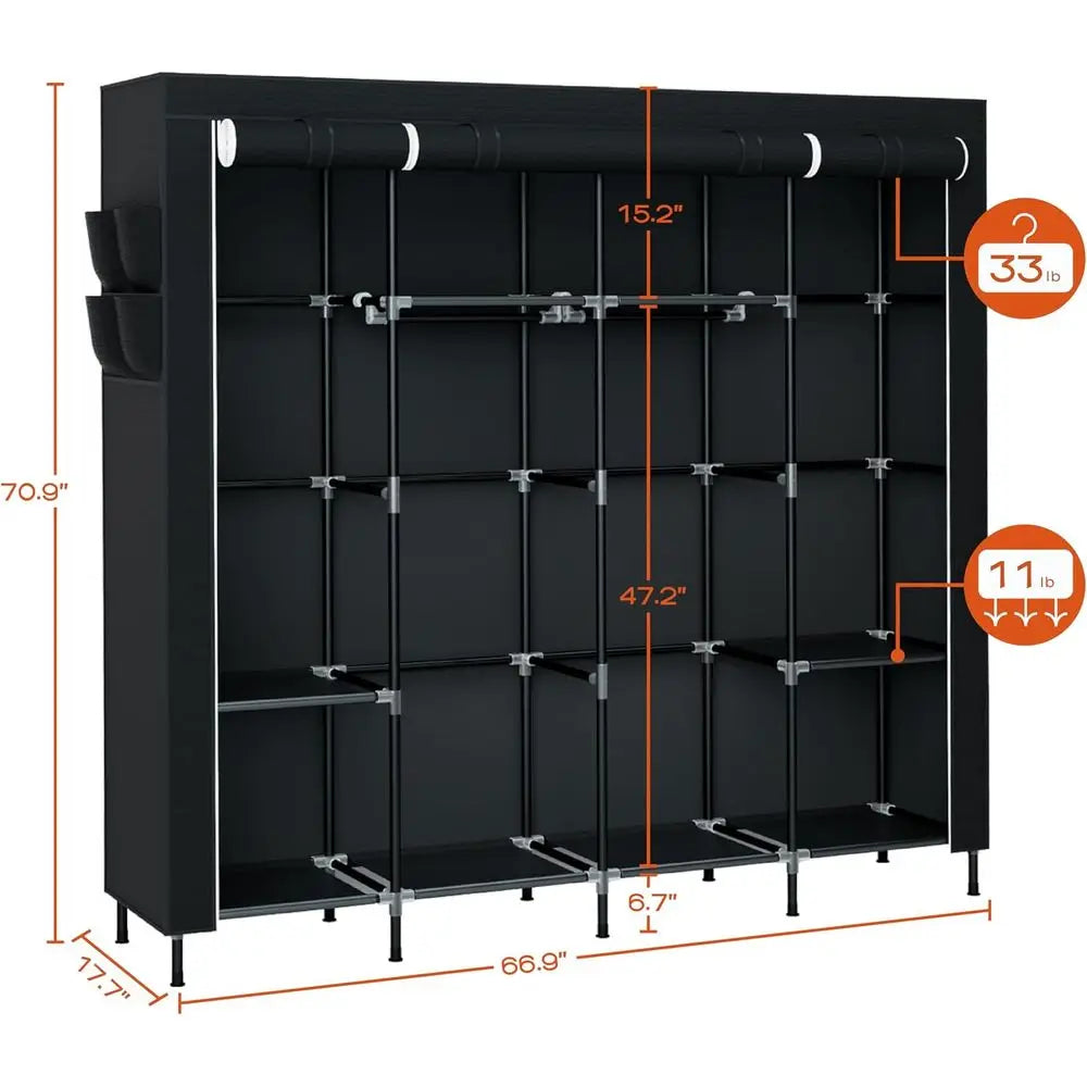 66.9 Inch Large Capacity Wardrobe Closet with Cover, Clothes Storage Organizer, 4 Hanging Rods, Shelves, Easy Assembly, Black