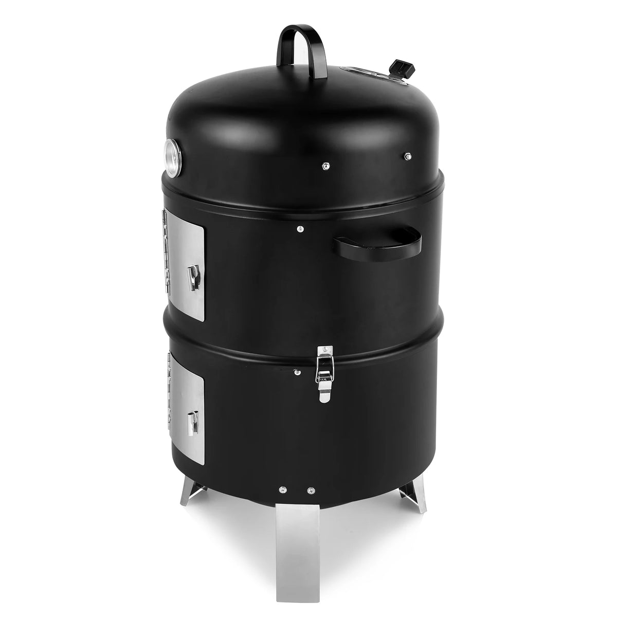 Vertical Steel Charcoal Smoker Heavy Duty Double Layer Round BBQ Grill for Outdoor Cooking Black with Thermometer Chrome Grates