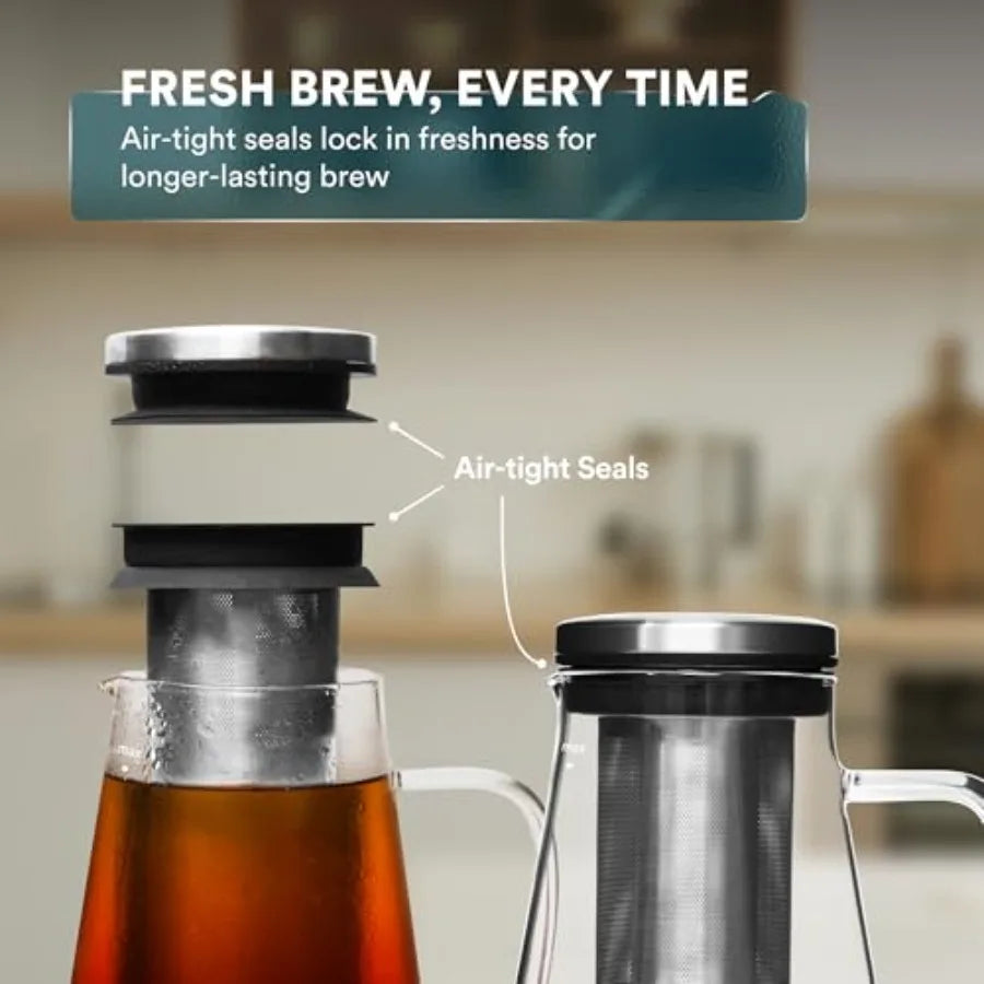 Airtight Cold Brew Iced Coffee Maker Pitcher and Iced Tea Maker with Spout 1.5L/ 51oz Brewing Glass Carafe with Removable Stain