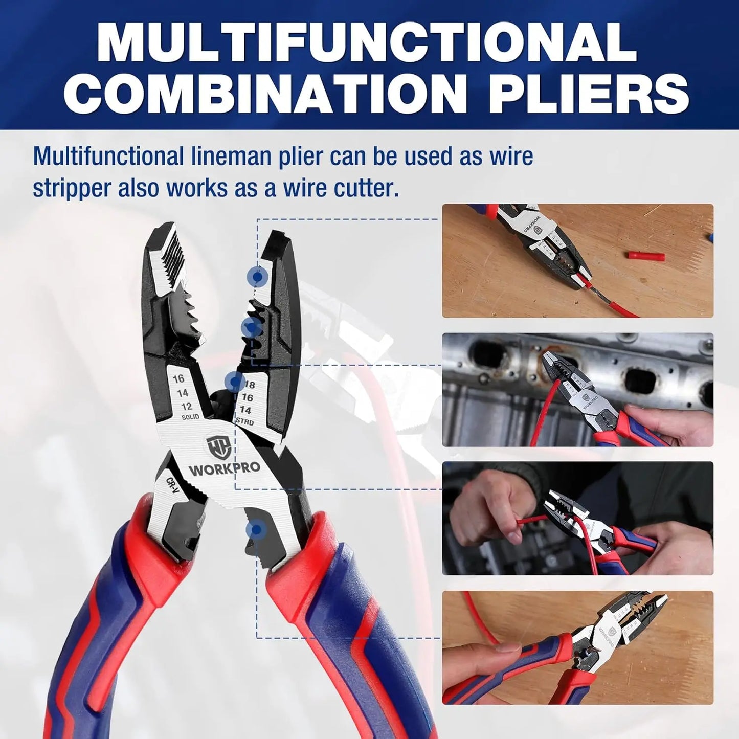 6-in-1 Linesman Pliers with Wire Cutter and Stripper, 8 Inch Multipurpose Tool for Twisting Cutting Wires and Clamping Screws