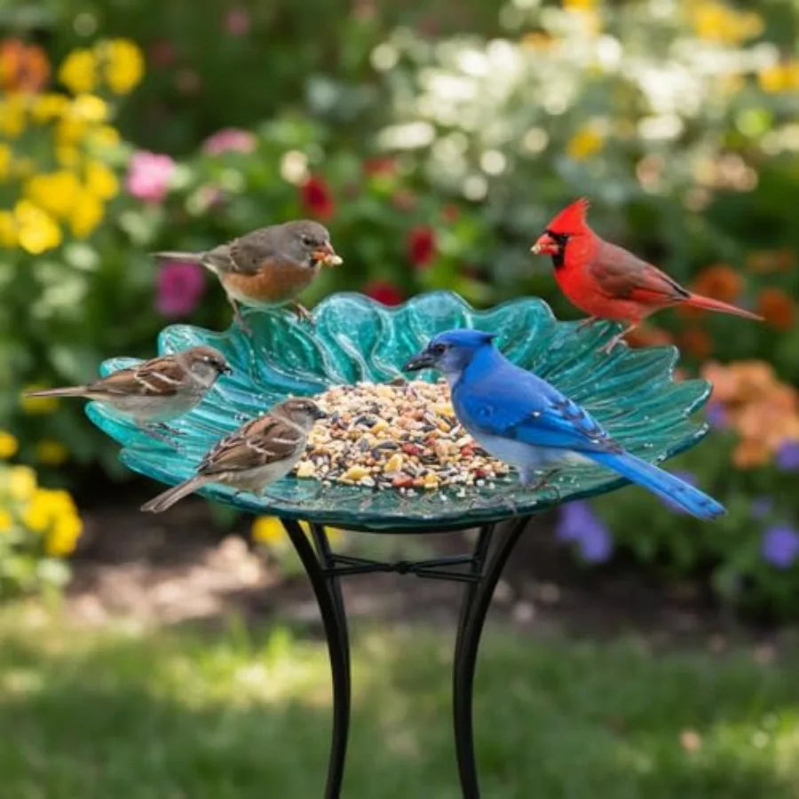 Bird Bath for Outside15" Diameter Large Glass Birdbaths for Outdoors Detachable Bird Baths Bowl with Metal Stand for Garden Pat