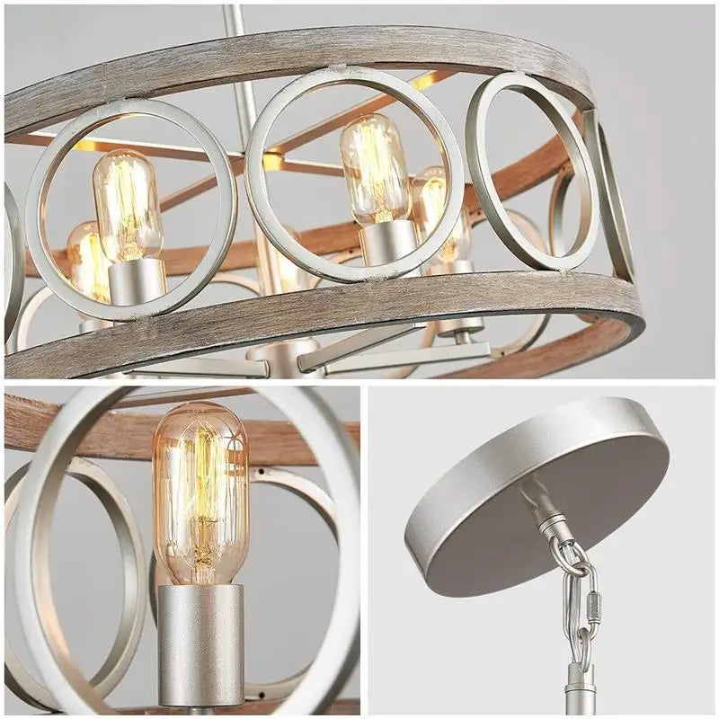 American Industrial Circular Chandelier Farmhouse Retro Iron Art Wood Grain For Restaurant Home Bedroom Ceiling Light Home Decor