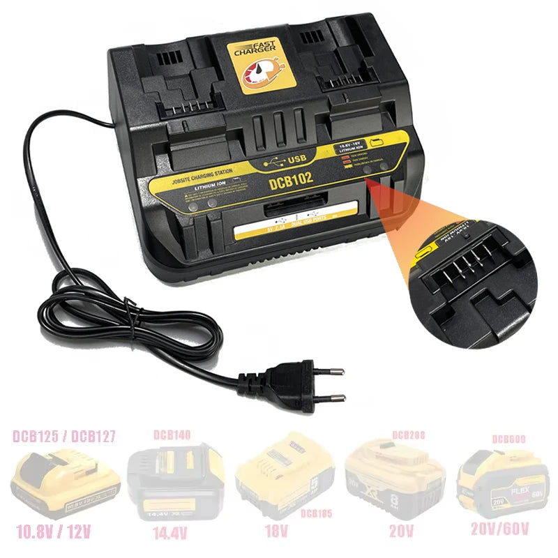 NEW Fast charging DCB102 Li-ion Battery charger For DeWalt 12V 14.4V 18V 20V DCB105 DCB200 double charging postion with USB Port