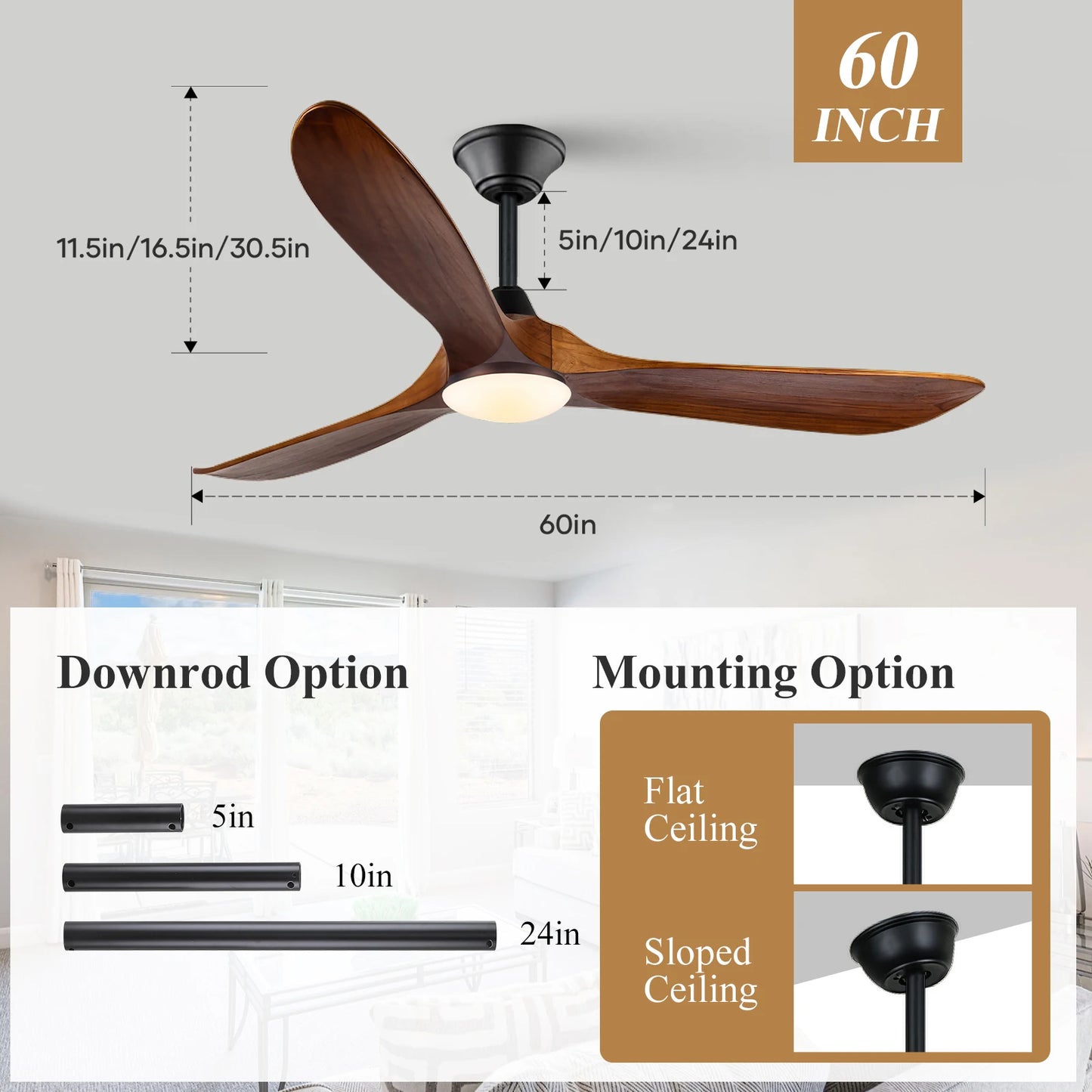52/60/70-inch Ceiling Fan with Light and Remote 3 Wood Blades High CFM Dimmable LED Noiseless Reversible DC Fans for Bedroom