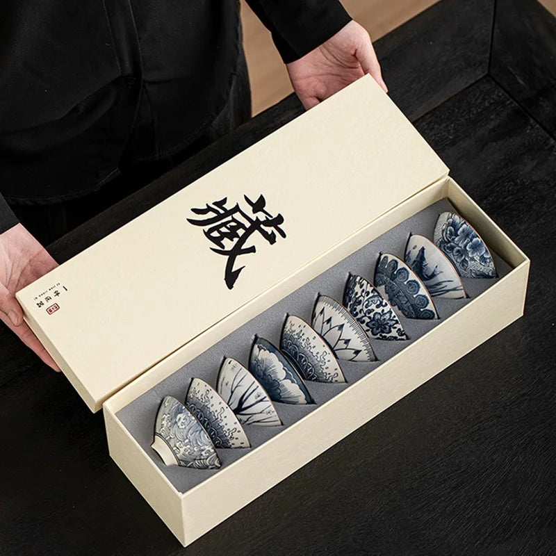 10pcs/box Blue and White Porcelain Tea Bowls Ceramic Kung Fu Small Teacups Single Master Cup with Gift Box Packaging Teaware Set