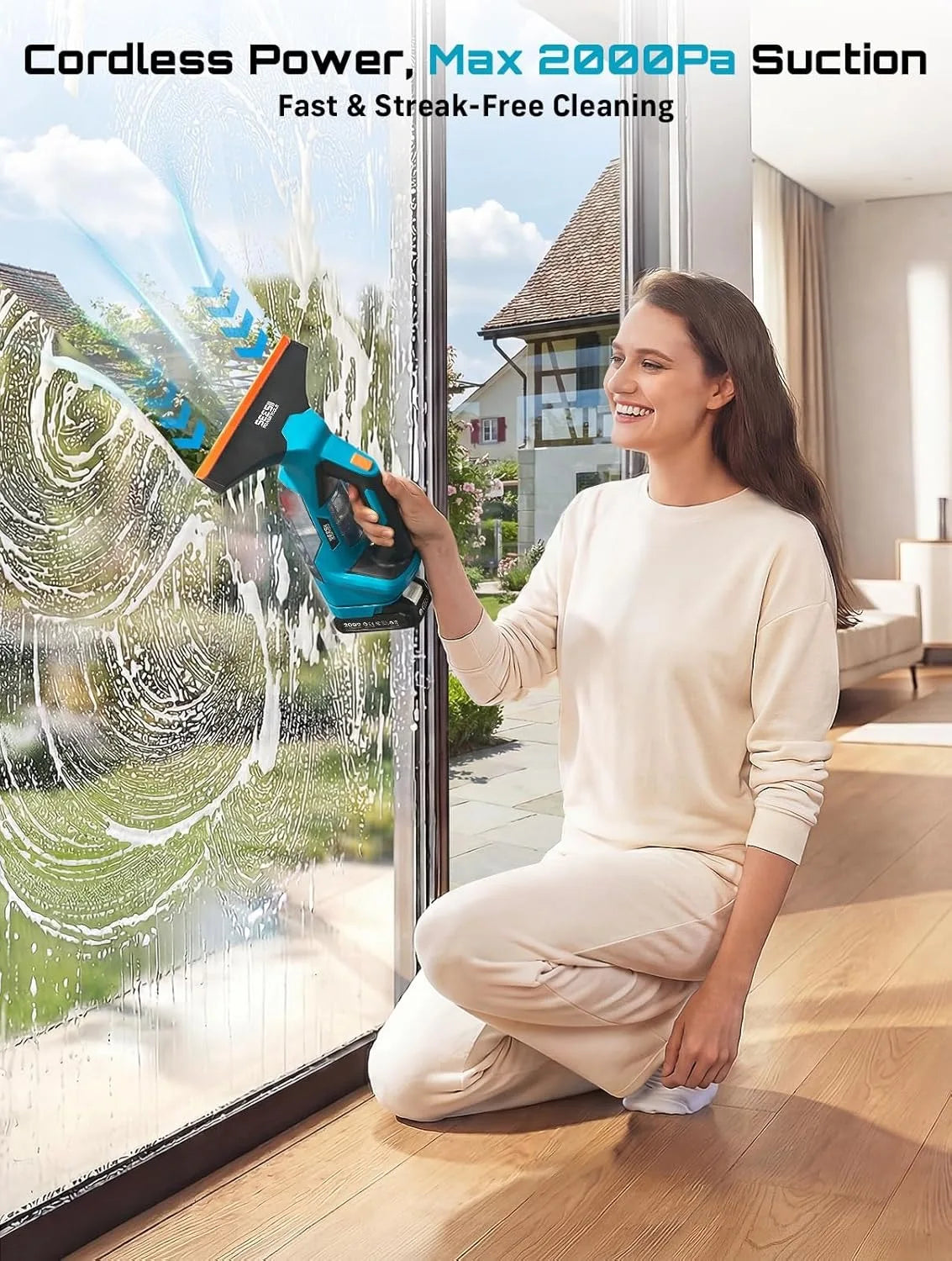 SEESII Cordless Window Vacuum Cleaner 2000PA Suction Power 4.0mAh Battery Windown Spray Cleaning Tool Set with Squeegee Blade for Mirror Glass Countertop Tile