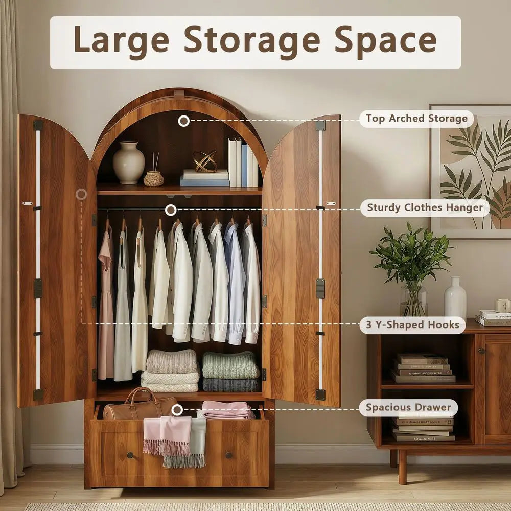 Armoire Wardrobe Closet with Drawer amp 2 Arched Doors, 70.3 Tall Wood Closet Organizer with Hanging Rod amp 3 Hooks, Large Sto