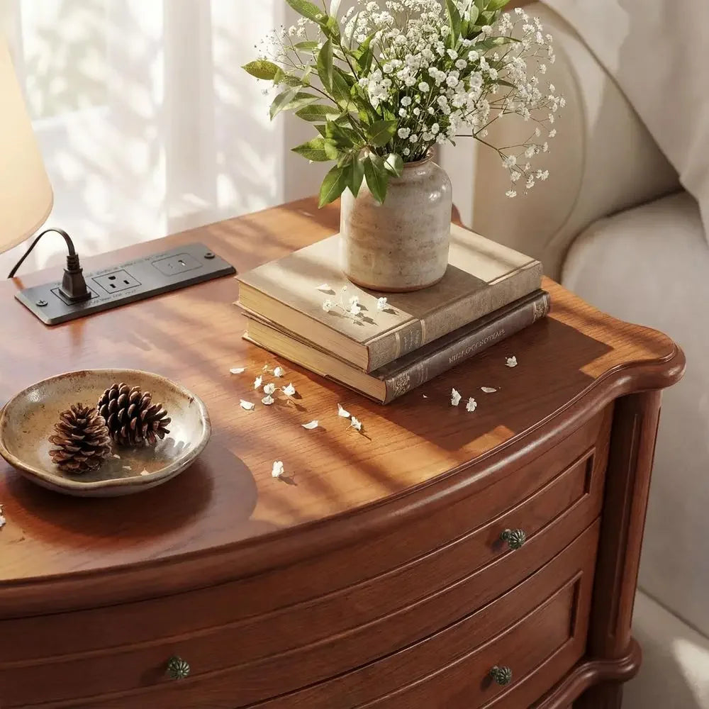 Wide Nightstand w/Charging Station & 2 Ders, Pre-Assembled, Vintage Side Table w/Antique-inished Pulls, Rustic Wood inish, End T