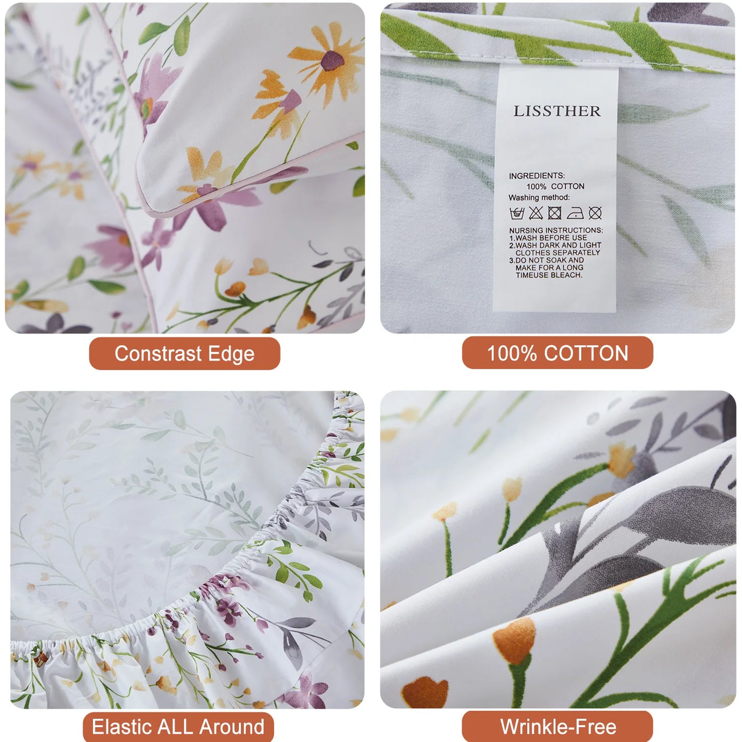 4pcs 600 TC 100% Egyptian Cotton Fitted Sheet Set (Without Core), Fresh Pinky Spring Botanical Pattern, Soft And Skin-friendly