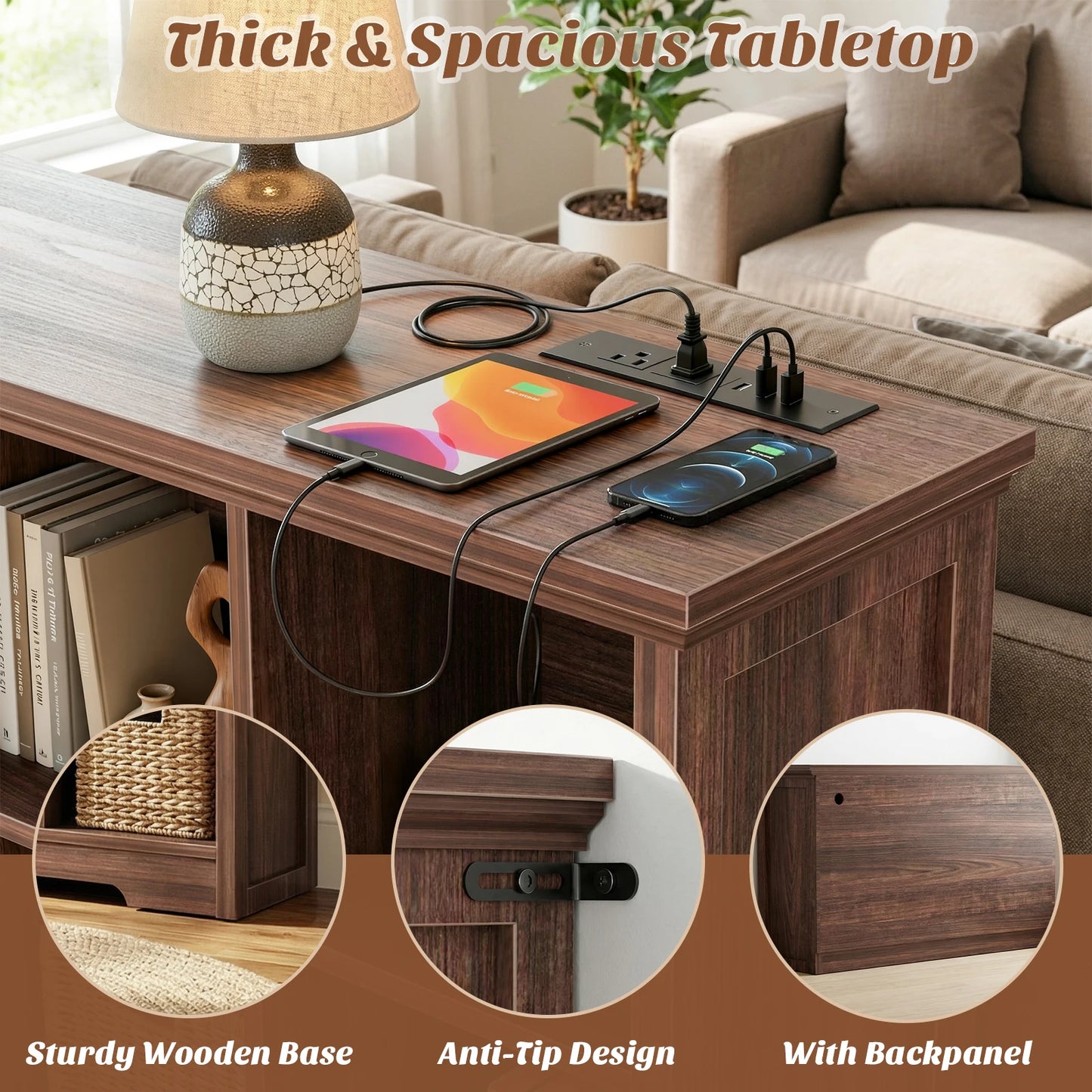 Aheaplus 8‑Cube Storage Organizer with Charging Ports, Modern Bookshelf with 2 AC Outlets & 3 USB Ports, Heavy‑Duty Floor Standing Display Shelf, Open Cubbies Bookcase for Home Office, Living Room – Black Walnut