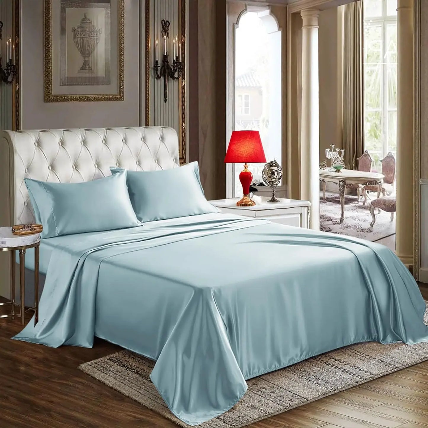 Satin Sheets Queen Size 4 Piece Bed Sheet Set with Silky Deep Pocket Fitted Sheet Flat Sheet and 2 Pillowcases