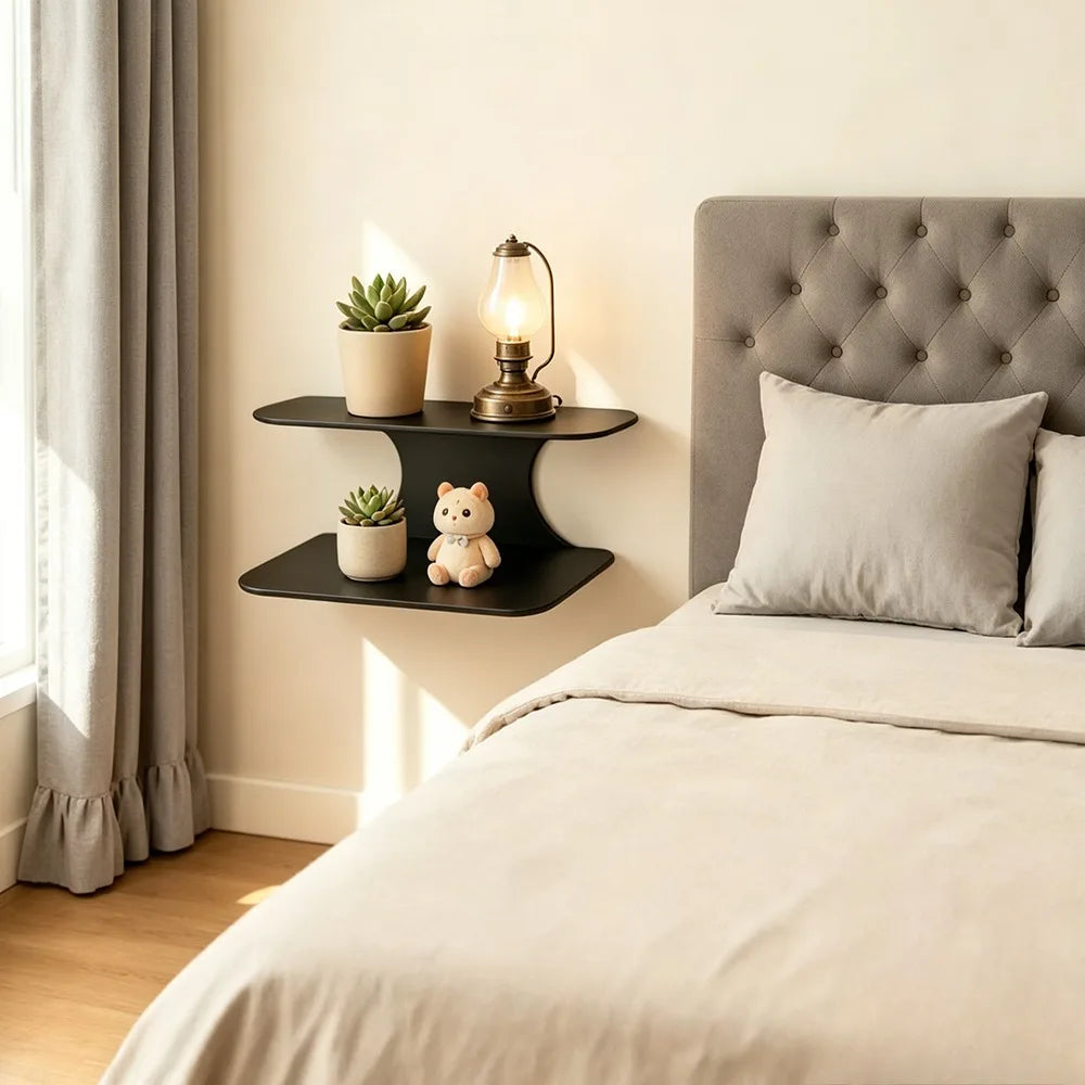 Metal Wall Shelf, 2-Tier Black Floating Nightstand, Wall-Mounted Side Table for Bedroom Plants Books Storage
