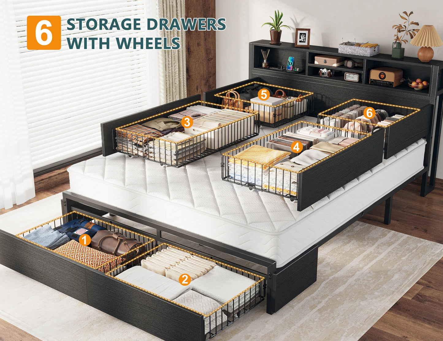 EnHomee Full/Queen/King Bed Frame with 6 Storage Drawers & Charging Station Metal Platform Bed Frame with Bookcase Headboard,No Noise