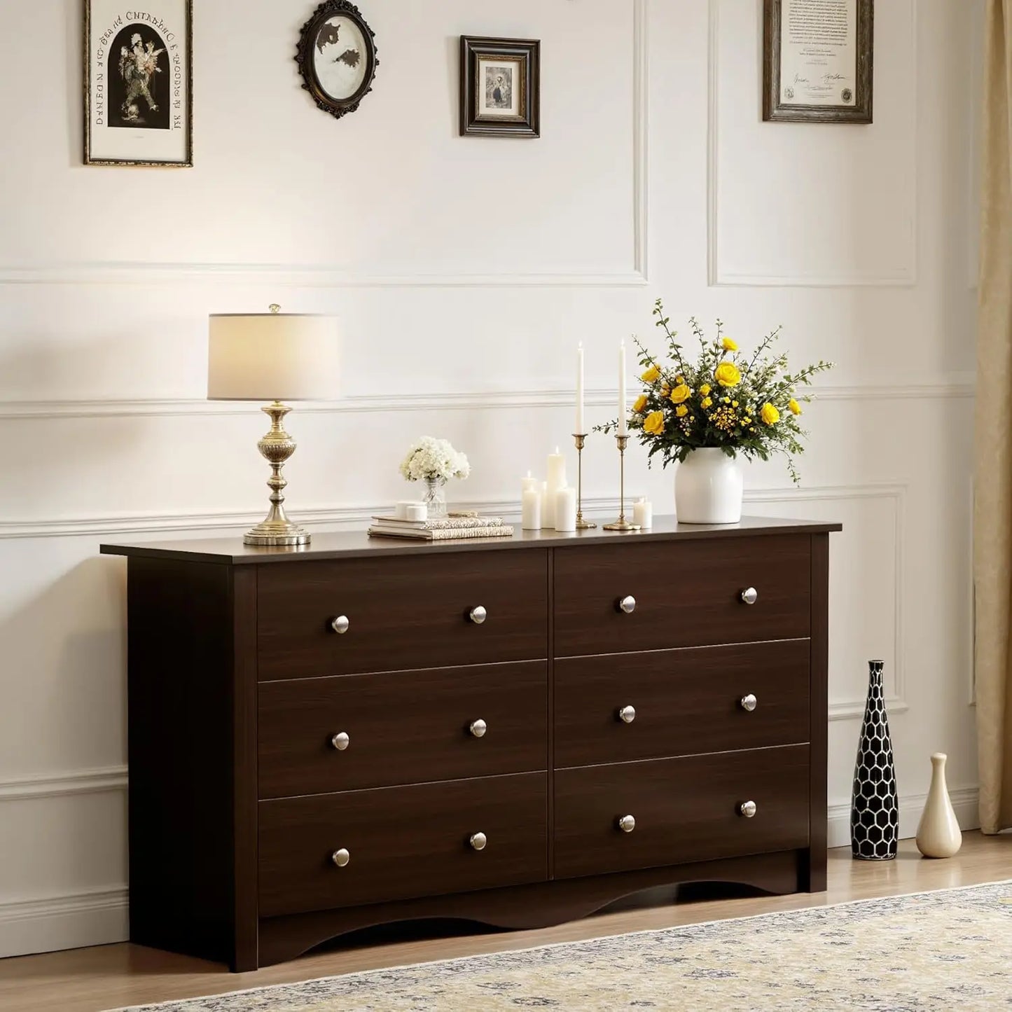 6 Drawer Wood Dresser Wide Storage Tower Modern Bedroom Living Room Hallway Entryway Dark Brown, Customized