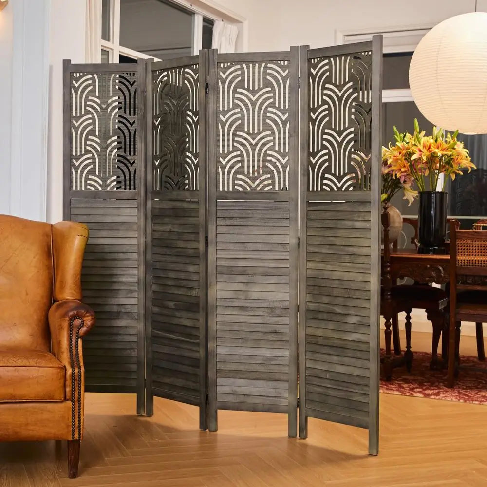 Folding Room Divider, 66.9 Inch 4 Panels Wood Carved Privacy Screens, Free Assembled Freestanding Portable Separation Wall for