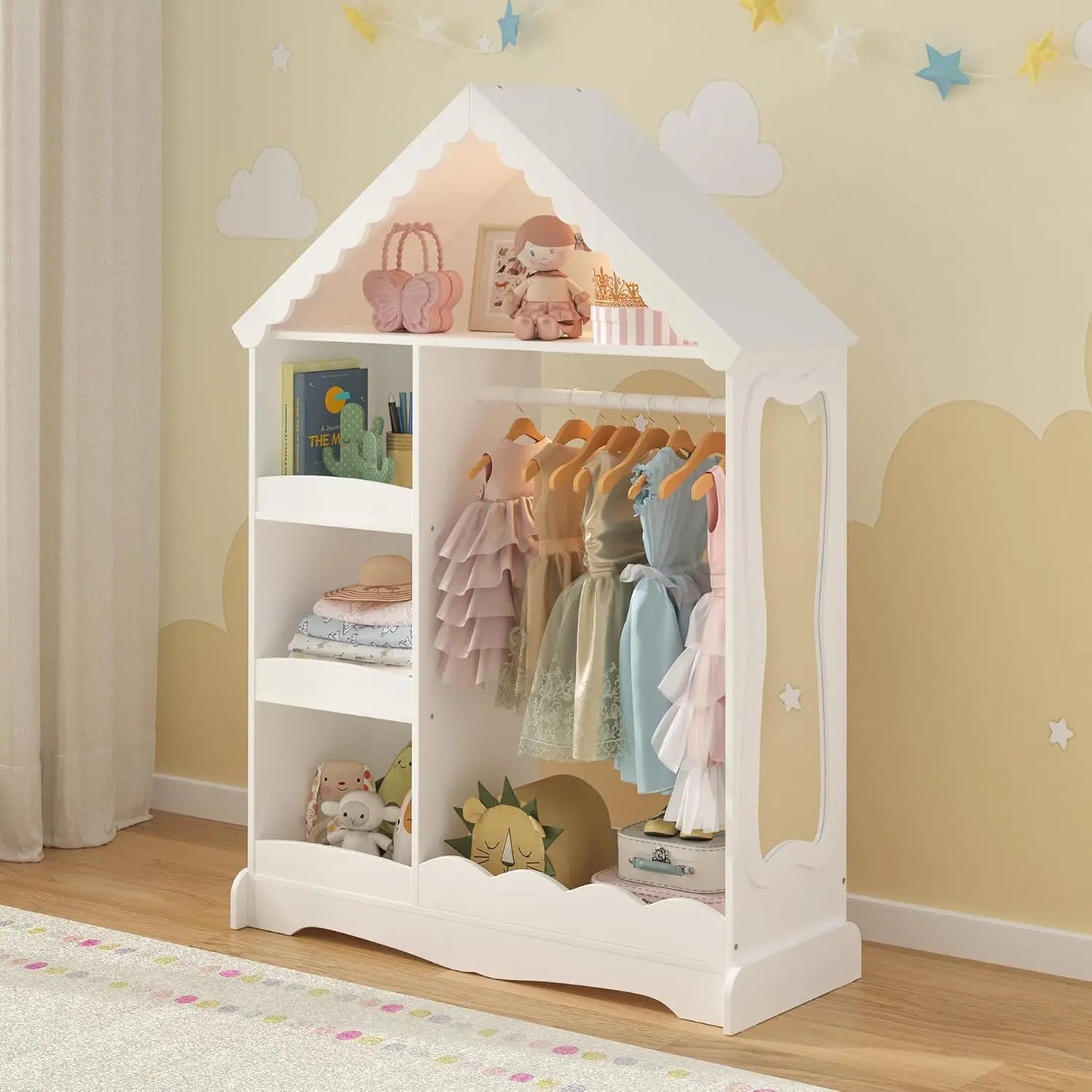 Dollhouse Kids Dress Up Storage with Full-Length Mirror & Touch Activated Light, Open Hanging Kids Wardrobe Closet,