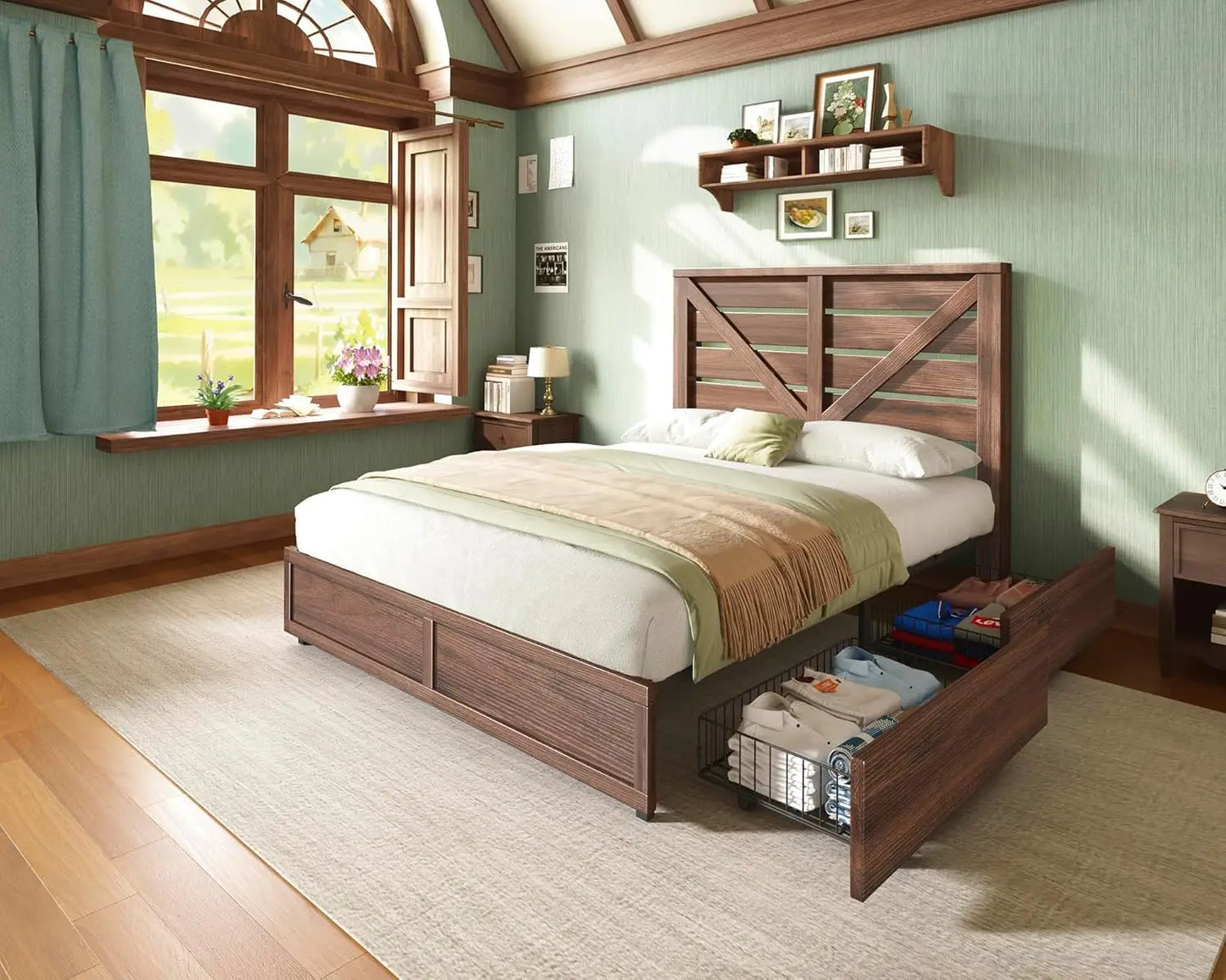 Queen Size Farmhouse Bed Frame with 4 Drawers, Wooden Storage Bed Frame with Headboard and Heavy Duty Metal Slats,Custom