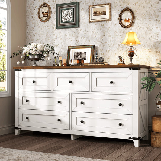 EnHomee 51.2" Farmhouse Storage Dresser & TV Stand – 7 Drawers, Barn Door Design, Vintage Embossed Texture, Supports 60" TVs – Ideal for Bedroom, Living Room, or Hallway Organization